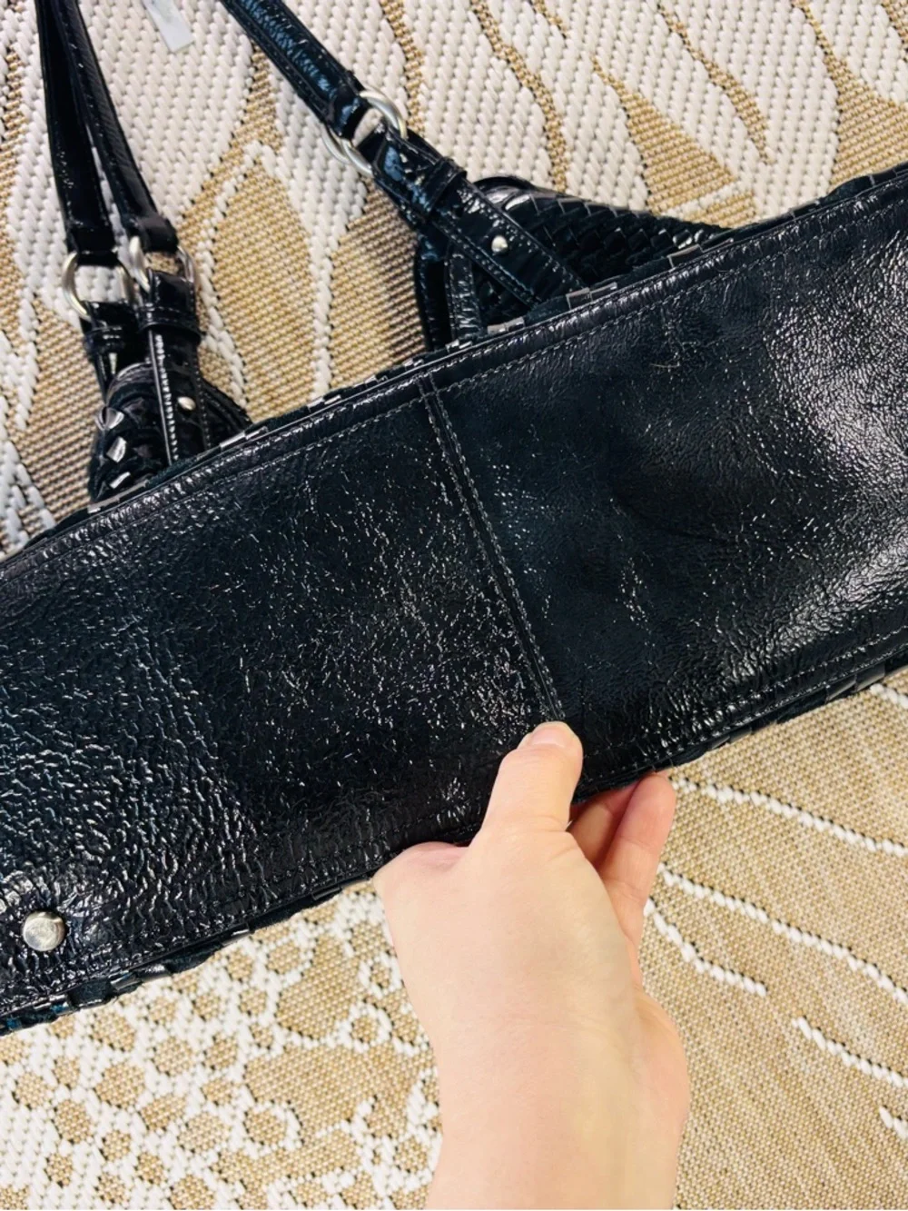 Cole Haan Genevieve | Black Woven Patent Leather Triangle Tote Shoulder Bag